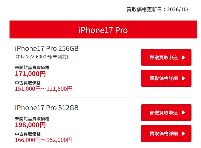 モバステ買取価格表
